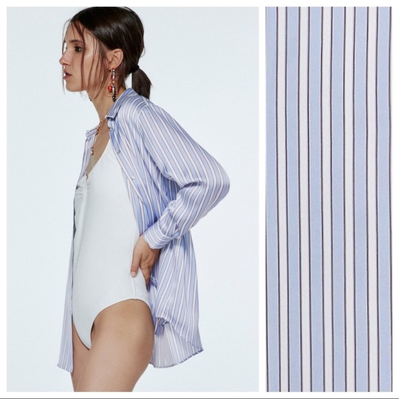 NWT. Zara Blue/White Stiped Satin Effect Blouse/Shirt. Size S. - Picture 4 of 11